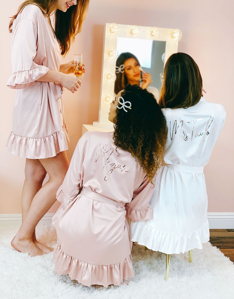 Ruffled Bridesmaid Robes for Bridal Party Personalized Robes with Names Satin Bride & Bridesmaid Getting Ready Robes Custom EB3377P image 2