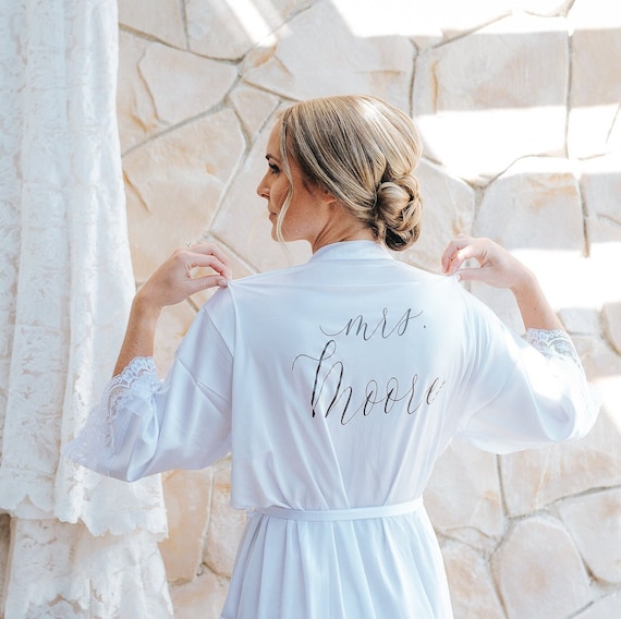 Champagne satin bride robe with your custom inscription, Elegant Robe for  Bride, Soft Bridal Wedding Robe