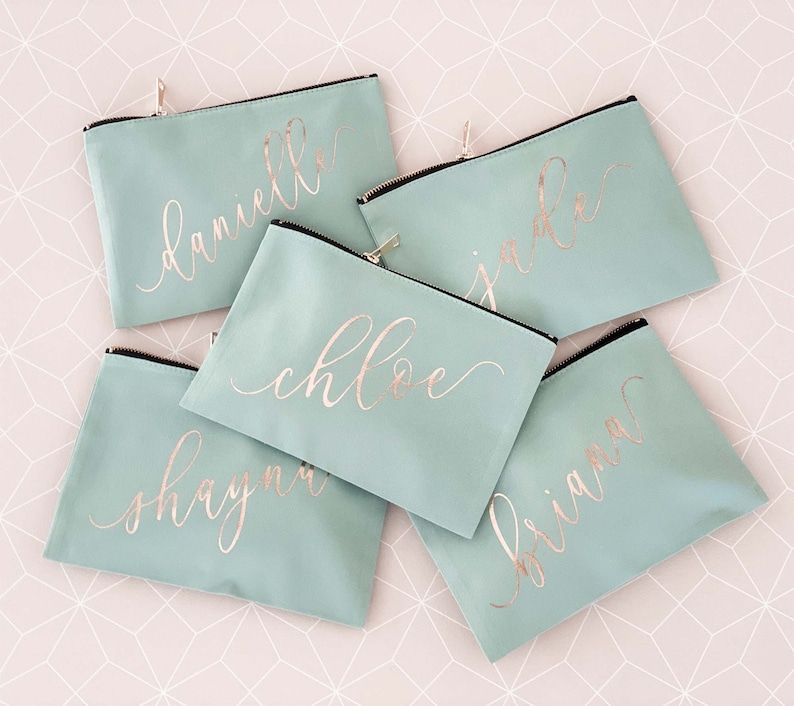 5 sage mint bags with custom names in rose gold