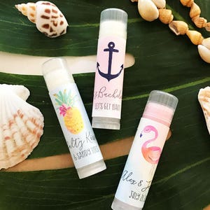 Beach Wedding Favors - Tropical Bridal Shower Favors - Tropical Bachelorette Party Favors Personalized Lip Balm Tubes (EB3031TPB) set of 16|