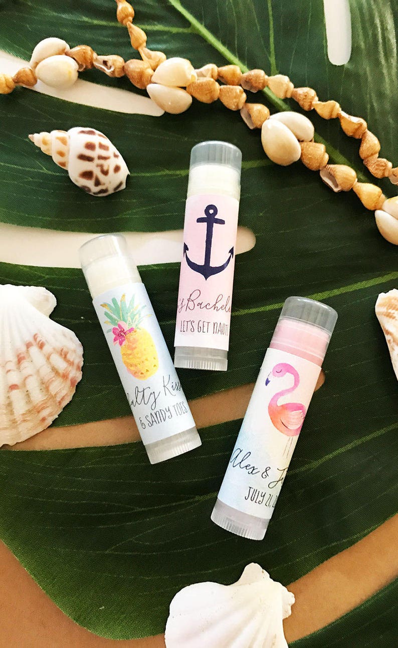 Beach Wedding Favors Tropical Bridal Shower Favors Tropical Bachelorette Party Favors Personalized Lip Balm Tubes EB3031TPB set of 16 image 1