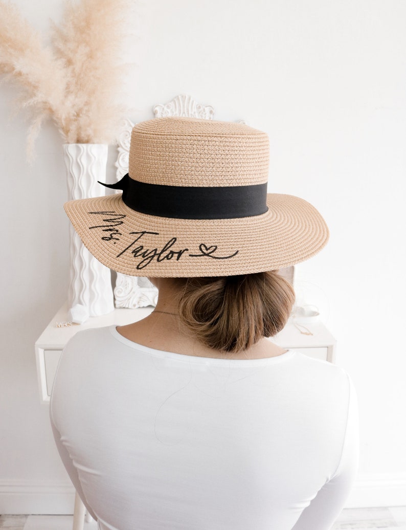 Bride Hat Honeymoon Beach Hat Personalized Bride Hat Boater Hat with Name Custom Personalized Beach Hat Honeymoon Gift for Bride EB3333P image 2