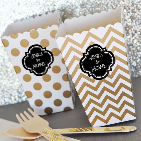 Black and Gold Bridal Shower Favor Boxes Black and Gold Birthday Party Decor Popcorn Boxes Candy Buffet Box Chevron 2| (EB4008P) 24 pcs