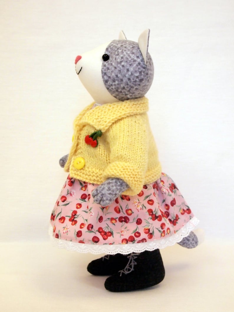 25cm Cotton doll Handmade artist toy Hand knitted jacket and cherry print cotton dress . Gray Cat Plush toy Stuffed animal doll 10 inches