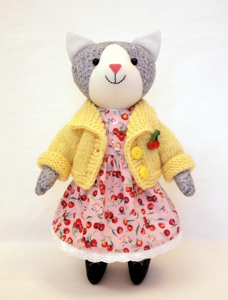 25cm Cotton doll Handmade artist toy Hand knitted jacket and cherry print cotton dress . Gray Cat Plush toy Stuffed animal doll 10 inches