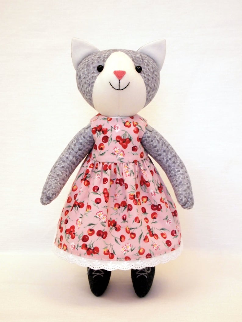 25cm Cotton doll Handmade artist toy Hand knitted jacket and cherry print cotton dress . Gray Cat Plush toy Stuffed animal doll 10 inches