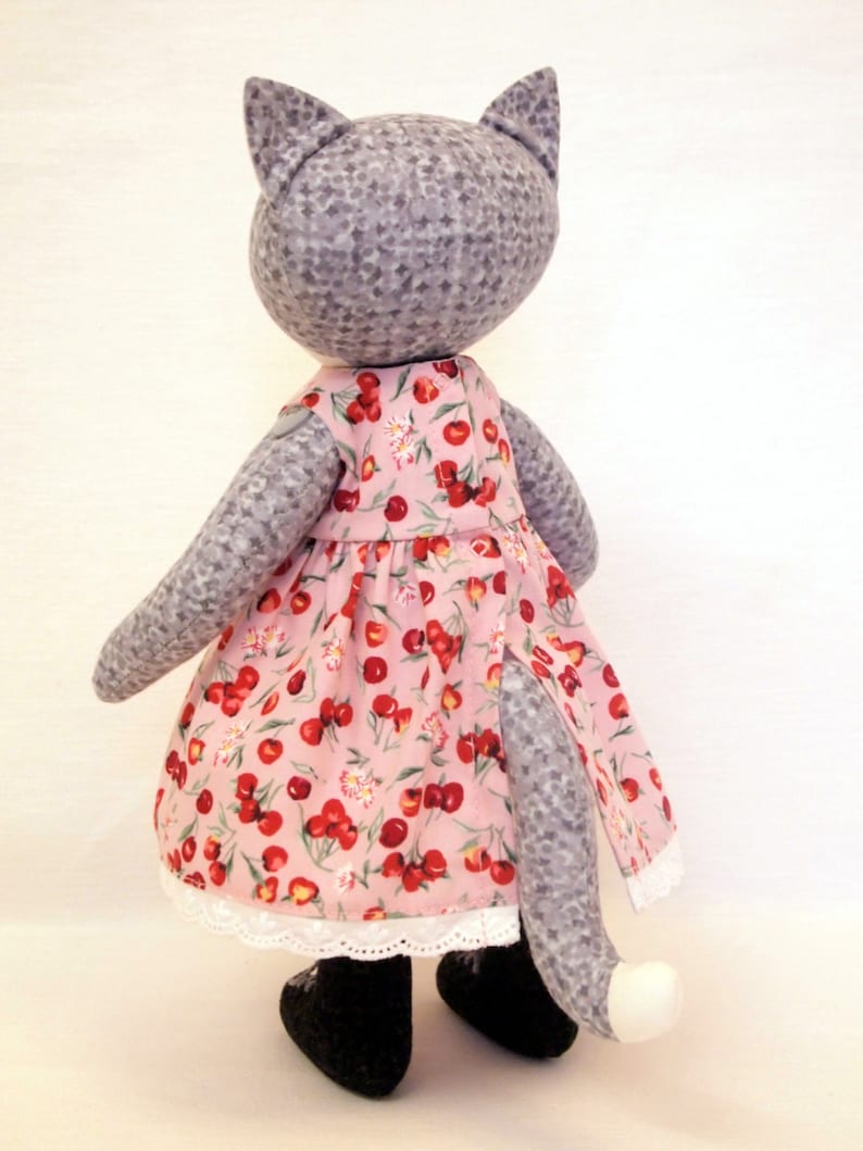 25cm Cotton doll Handmade artist toy Hand knitted jacket and cherry print cotton dress . Gray Cat Plush toy Stuffed animal doll 10 inches
