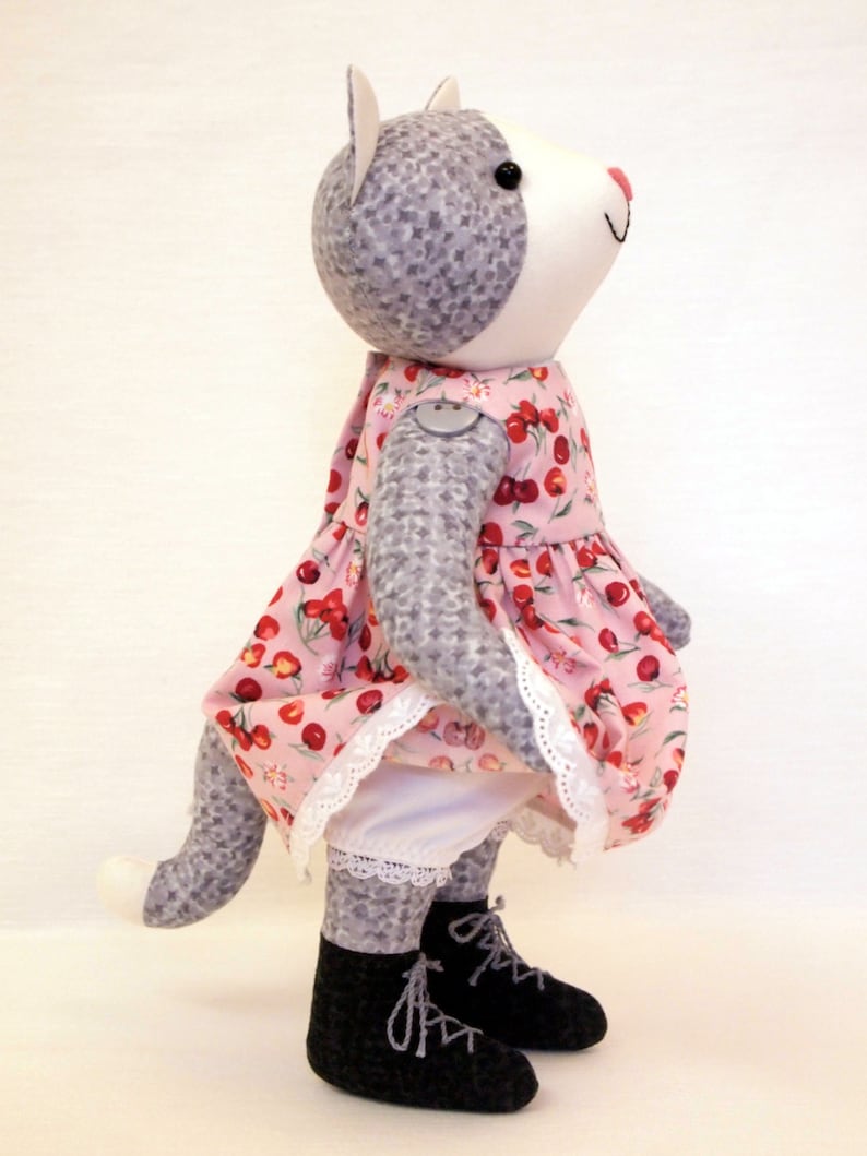 25cm Cotton doll Handmade artist toy Hand knitted jacket and cherry print cotton dress . Gray Cat Plush toy Stuffed animal doll 10 inches