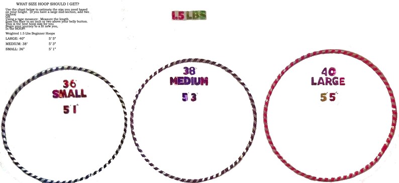 K&ouml;nnte beinhalten: Ein Diagramm, das drei verschiedene Gr&ouml;&szlig;en von gewichteten Hula-Hoops zeigt, jede mit einer anderen Farbe und einem anderen Durchmesser. Die Gr&ouml;&szlig;en sind 36 Zoll, 38 Zoll und 40 Zoll. Die Gewichte betragen 1,5 Pfund. Das Diagramm enth&auml;lt auch die empfohlene H&ouml;he f&uuml;r jede Gr&ouml;&szlig;e des Hula-Hoops.