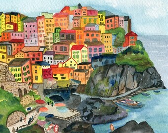 City On The Hill-  Print from Original Watercolor City by the seaside, pastel buildings, oceanside , gift art, wall art, water