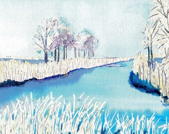 Frosty Morning, Print from Original Watercolor  Winter landscape, snow scene, gift art, wall art , Maine, New England winters, blue river,