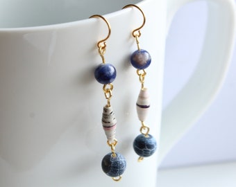 Sodalite Dangle Earrings, Handmade Gold Jewelry, Paper Bead and Jasper Earrings