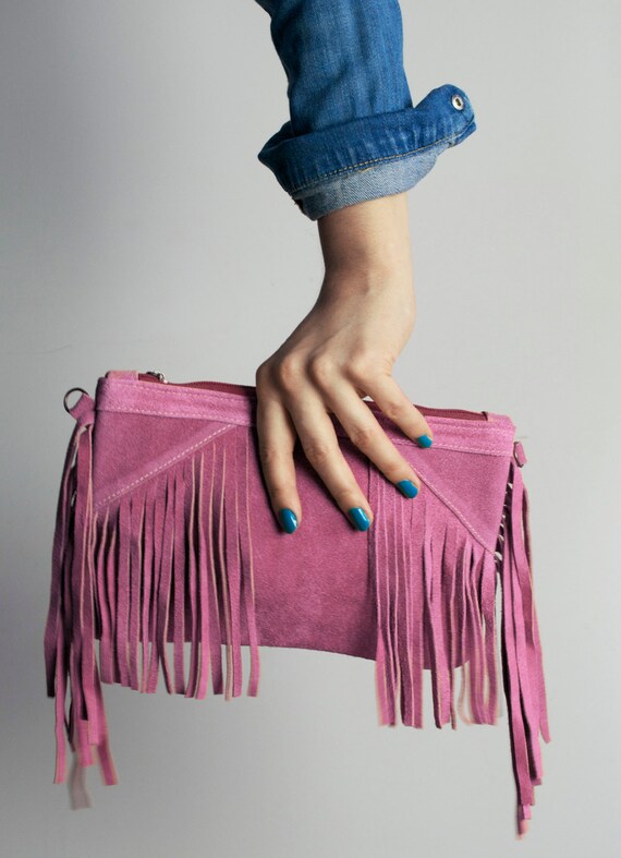 Items similar to Hot Pink Suede leather Clutch with Tassels, Boho