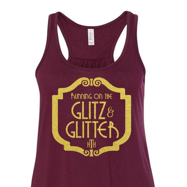 Running on Glitz and Glitter Hollywood Hotel Running Tank, BellHop Running Shirt, Triblend Gathered Flowy Racerback