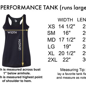 May include: Black athletic tank top with size chart showing width and length measurements in inches. The tank top is labeled "Performance Tank (runs large)".