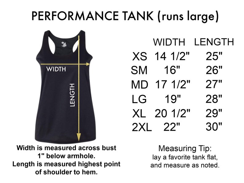 May include: Black athletic tank top with size chart showing width and length measurements in inches. The tank top is labeled "Performance Tank (runs large)".