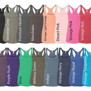 May include: A variety of tank tops in different colors, including heather white, vintage black, Venetian grey, premium heather, macchiato, vintage light orange, desert pink, vintage pink, vintage red, vintage shocking red, vintage lilac, vintage purple, purple rush, envy, military green, indigo, vintage navy, vintage royal, vintage turquoise, and Tahiti blue.