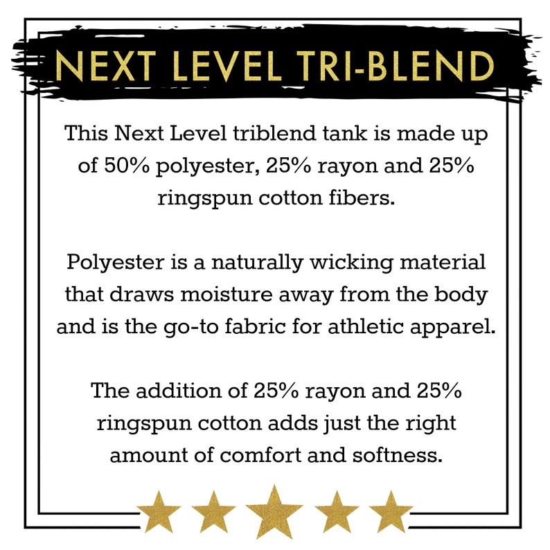 May include: A white text graphic on a black background with a gold outline. The text reads "NEXT LEVEL TRI-BLEND". The graphic is surrounded by a black border. Below the graphic is a description of the fabric blend: "This Next Level triblend tank is made up of 50% polyester, 25% rayon and 25% ringspun cotton fibers."