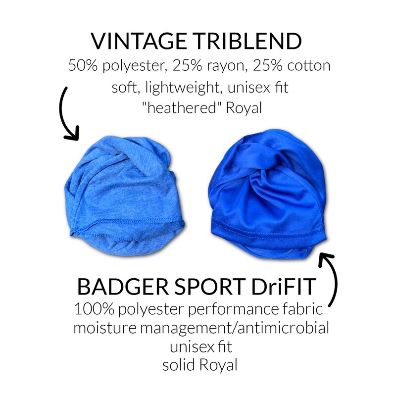 Op de afbeelding: Twee gevouwen T-shirts, een blauwe en een hemelsblauwe. Het blauwe T-shirt is gelabeld "BADGER SPORT DriFIT 100% polyester performance fabric moisture management/antimicrobial unisex fit solid Royal". Het hemelsblauwe T-shirt is gelabeld "VINTAGE TRIBLEND 50% polyester, 25% rayon, 25% katoen zacht, lichtgewicht, unisex fit "heathered" Royal"