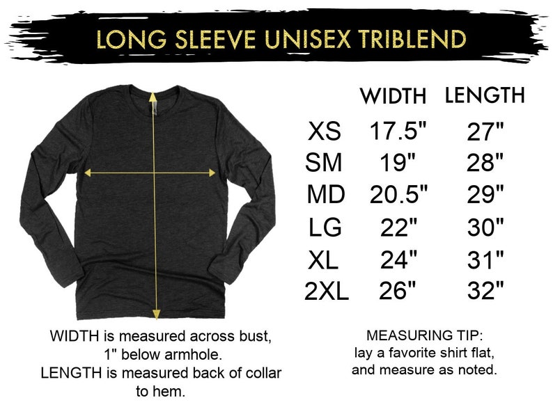 Op de afbeelding: Een maattabel voor een unisex triblend t-shirt met lange mouwen. De tabel toont de breedte- en lengtematen in inches voor de maten XS, SM, MD, LG, XL en 2XL.