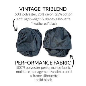 May include: Two fabric swatches, one a dark gray heathered triblend and the other a solid black performance fabric. The triblend is 50% polyester, 25% rayon, and 25% cotton. The performance fabric is 100% polyester. The triblend is described as "soft, lightweight & drapey silhouette" and the performance fabric is described as "moisture management/antimicrobial a-frame silhouette".