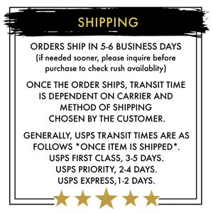 May include: A black and white image with the text "SHIPPING" in a bold, black font. The text below explains the shipping process and transit times for orders. The text includes the following information: Orders ship in 5-6 business days, transit time is dependent on carrier and method of shipping chosen by the customer, USPS transit times are as follows: USPS First Class, 3-5 days, USPS Priority, 2-4 days, USPS Express, 1-2 days.