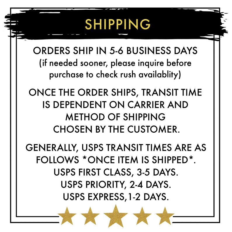 May include: A black and white image with the text "SHIPPING" in a bold, black font. The text below explains the shipping process and transit times for orders. The text includes the following information: Orders ship in 5-6 business days, transit time is dependent on carrier and method of shipping chosen by the customer, USPS transit times are as follows: USPS First Class, 3-5 days, USPS Priority, 2-4 days, USPS Express, 1-2 days.