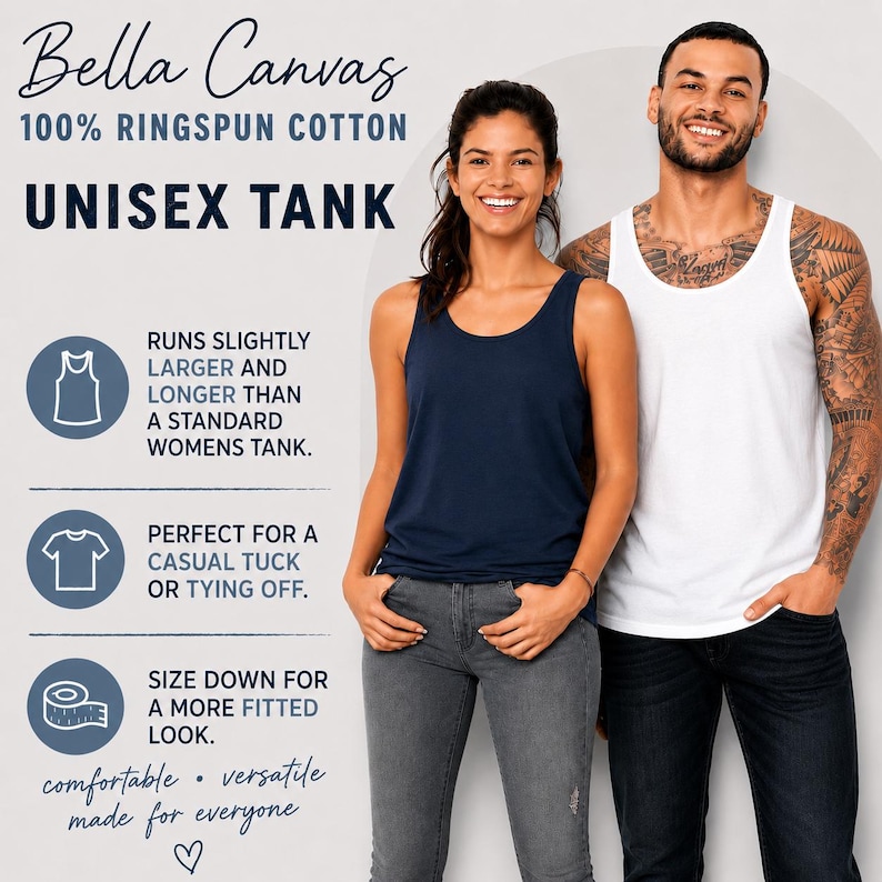 May include: A Bella Canvas 100% ringspun cotton unisex tank top. The image displays a navy blue tank and a white tank, with text detailing that the garment runs slightly larger and longer than a standard women's tank, is suitable for tucking or tying, and that sizing down provides a more fitted look.