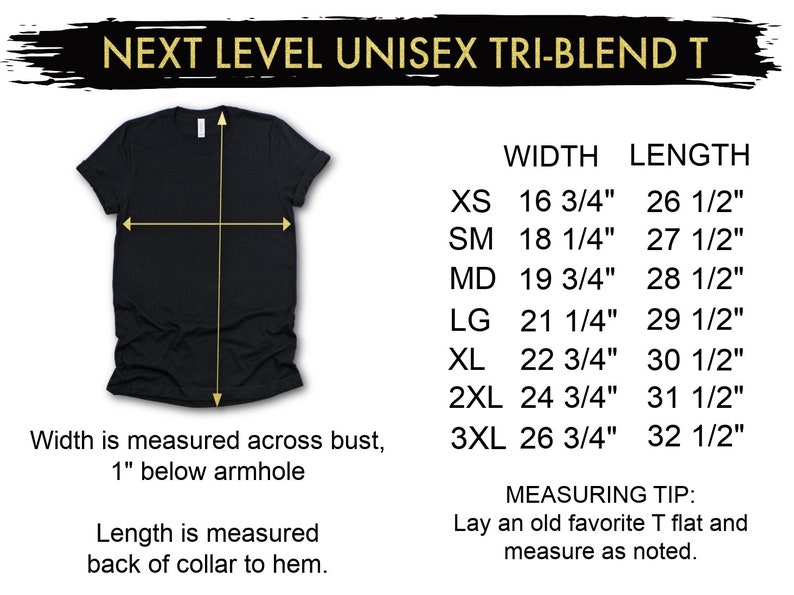 May include: A black t-shirt with a size chart showing width and length measurements in inches. The chart shows sizes XS through 3XL.  "Next Level Unisex Tri-Blend T" is written at the top of the chart.