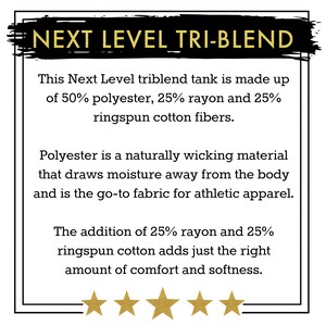 May include: A white text graphic on a black background with a gold outline. The text reads "NEXT LEVEL TRI-BLEND". The graphic is accompanied by a description of the fabric blend: "This Next Level triblend tank is made up of 50% polyester, 25% rayon and 25% ringspun cotton fibers."