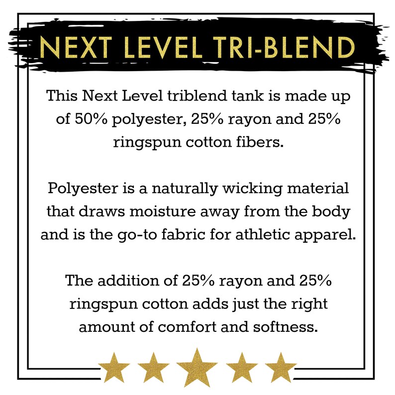 May include: A white text graphic on a black background with a gold outline. The text reads "NEXT LEVEL TRI-BLEND". The graphic is accompanied by a description of the fabric blend: "This Next Level triblend tank is made up of 50% polyester, 25% rayon and 25% ringspun cotton fibers."
