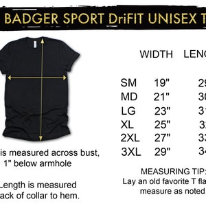 May include: A black unisex t-shirt with a size chart showing width and length measurements in inches. The chart shows sizes from small to 3XL.