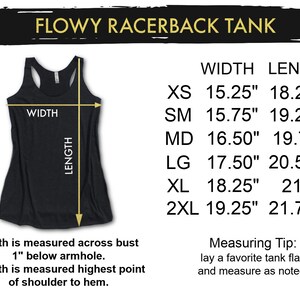 May include: A black racerback tank top with a size chart showing width and length measurements in inches for sizes XS, SM, MD, LG, XL, and 2XL.  Width is measured across bust 1 inch below armhole. Length is measured from the highest point of the shoulder to the hem.
