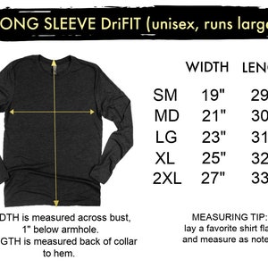 Op de afbeelding: Maattabel voor een DriFIT-shirt met lange mouwen, met breedte- en lengtemaat in inches voor de maten S, M, L, XL en XXL. De tabel bevat ook een tip over hoe je een shirt kunt meten voor een goede pasvorm.