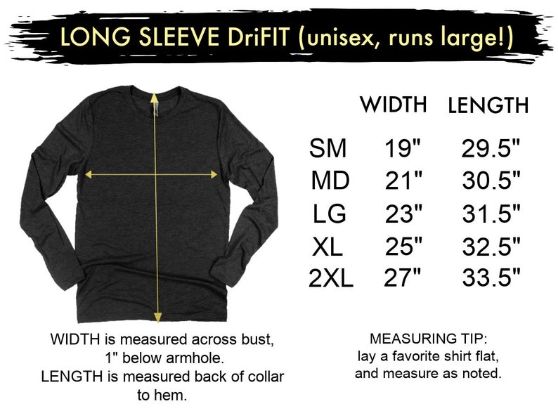 Op de afbeelding: Maattabel voor een DriFIT-shirt met lange mouwen, met breedte- en lengtemaat in inches voor de maten S, M, L, XL en XXL. De tabel bevat ook een tip over hoe je een shirt kunt meten voor een goede pasvorm.
