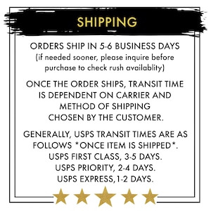May include: A black and white image with the text "SHIPPING" in a bold, black font. The text below explains that orders ship in 5-6 business days, and that transit time depends on the carrier and shipping method chosen by the customer. The text also lists the estimated transit times for USPS First Class, Priority, and Express shipping.