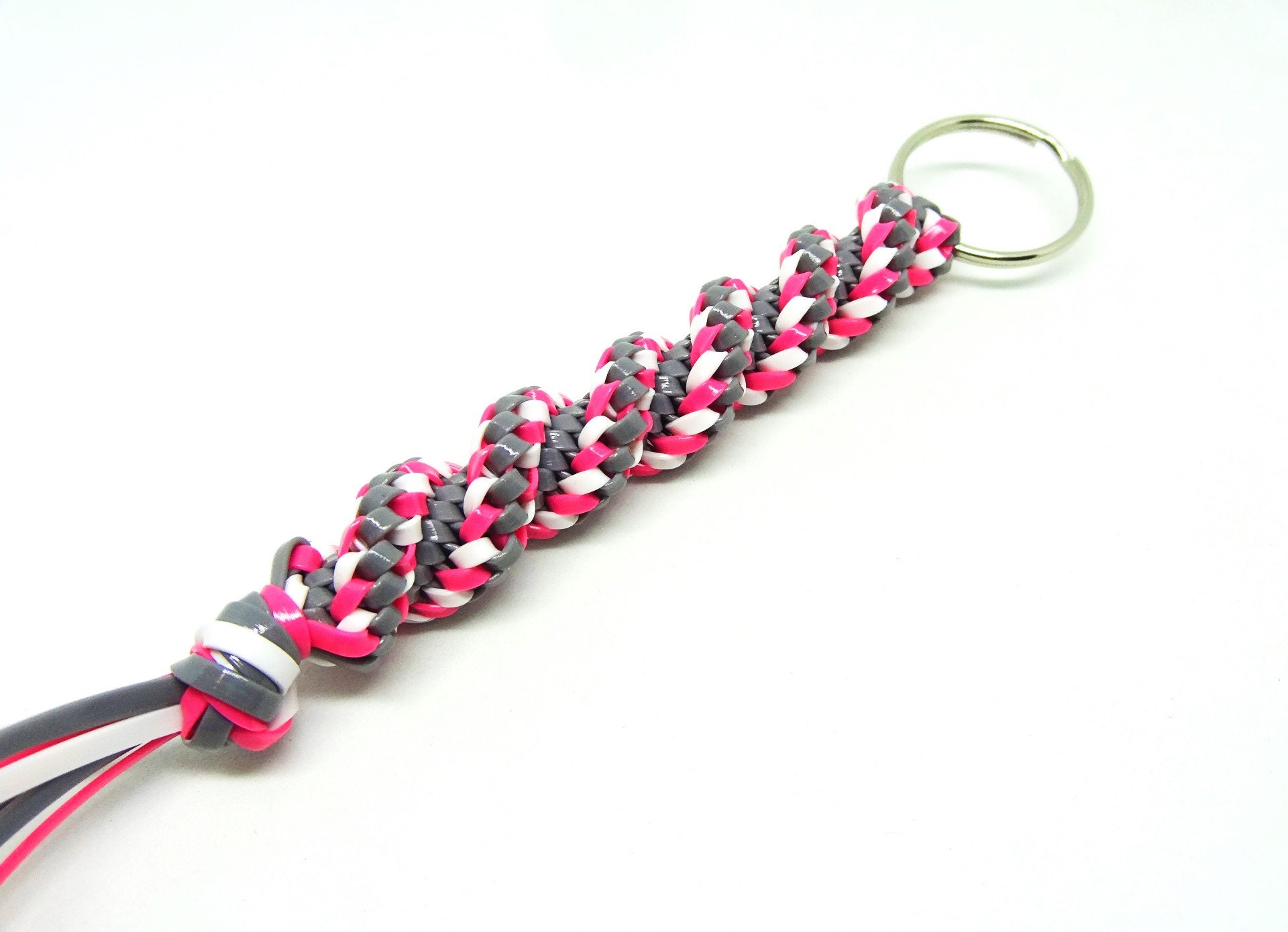 Boondoggle keychain, string keychain, plastic lacing key chain, blue, pink,  and white keychain, colorful keychain