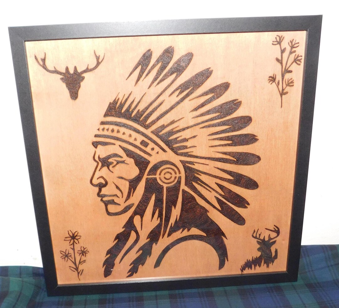 Handmade Pyrography Native American Male Plaque (pagan/goth) WITH FRAME ...