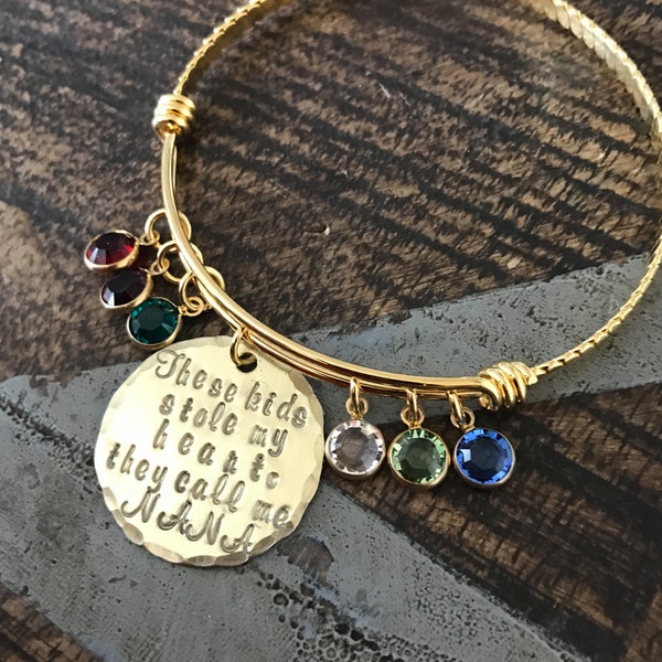 Nana Bangle Theres these kids who stole my heart Handstamped Bangle Personalize Jewelry Mothers Day Gift Grandma Jewelry Gold Bangle