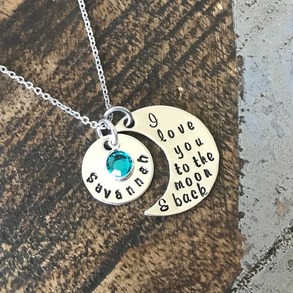 I Love You to the Moon and Back Necklace Quote Jewelry Personalized Gifts Custom Phrase Birthday Gift Handstamped Moon Necklace Mothers Day