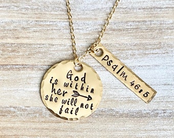 God Is Within Her She Will Not Fail Psalm 46:5 Bible Verse Necklace Scripture Necklace Hand Stamped Gold Filled Necklace Christian Jewelry