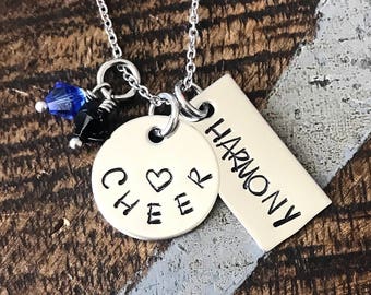 Cheer Necklace Cheerleader Necklace Gift for Cheerleader Handstamped Necklace Megaphone Necklace Handstamped Jewelry cheering necklace