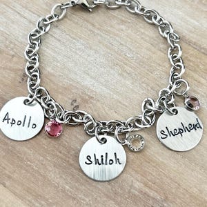 Pode incluir: Um bracelete de prata com três pingentes redondos que dizem "Apollo", "Shiloh" e "Shepherd". O bracelete também tem pequenos cristais rosa e transparentes.