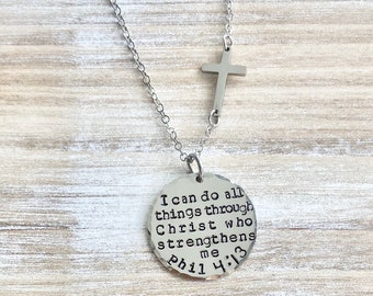 I Can Do All Things Through Christ Who Strengthens Me Necklace Baptism Necklace First Communion Necklace Handstamped Necklace Sideways Cross