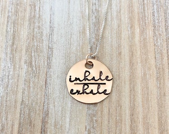 Rose Gold Handstamped Necklace Gold Mom Necklace inhale exhale Necklace Gift for Mom Gold filled Jewelry Gold Name Jewelry 14K Rose Gold