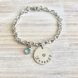 Girls Charm Bracelet Handstamped Bracelet Heart Bracelet Personalized Bracelet Charm Bracelet Bracelet for Girl Birthstone Jewelry Birthday image 1