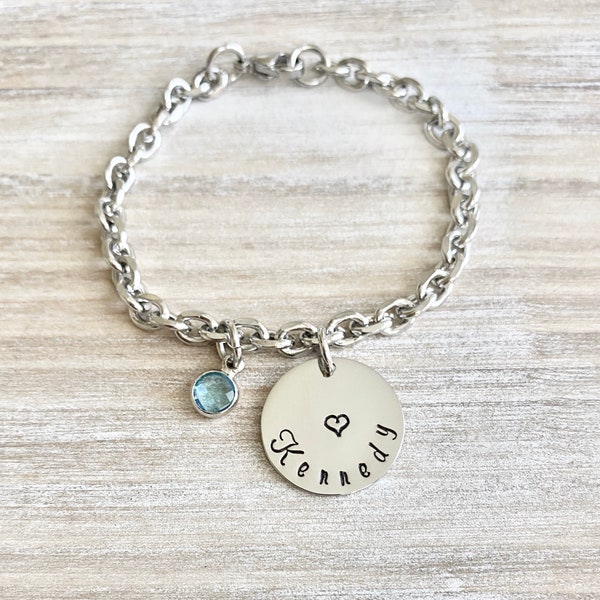 Girls Charm Bracelet Handstamped Bracelet Heart Bracelet Personalized Bracelet Charm Bracelet Bracelet for Girl Birthstone Jewelry Birthday
