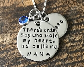 Mimi Necklace Theres this boy who stole my heart Handstamped Necklace Personalize Jewelry Mothers Day Gift Grandma Jewelry Custom Necklace