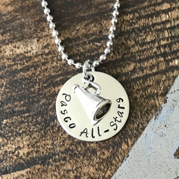 Cheer Necklace Cheerleader Necklace Gift for Cheerleader Handstamped Necklace Megaphone Necklace Handstamped Jewelry Cheer Team Gift