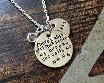 Nana Necklace Theres this girl who stole my heart Handstamped Necklace Personalize Jewelry Mothers Day Gift Grandma Jewelry Custom Necklace